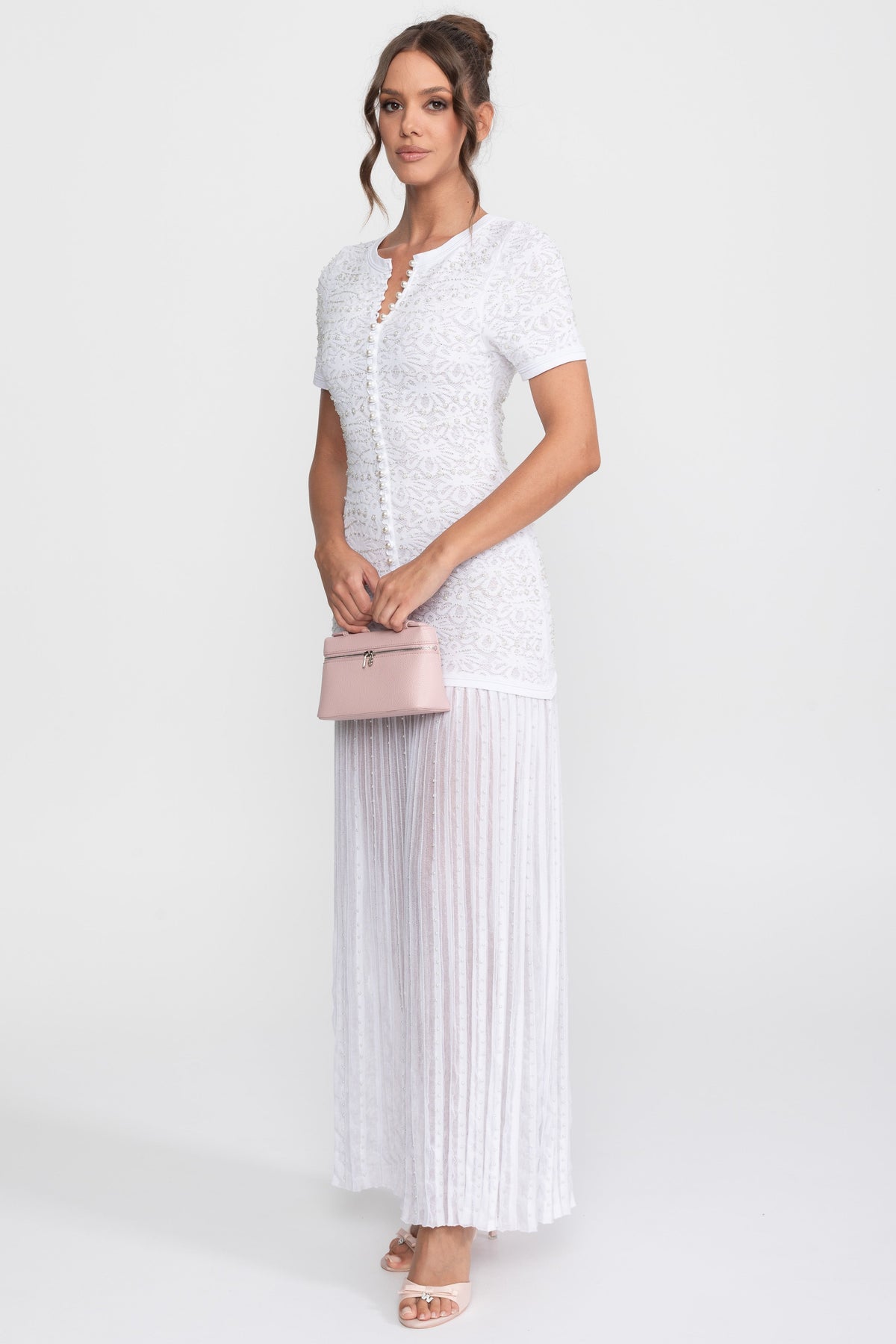 Celestine White Short Sleeve Midi Dress With Pearl Embellishments