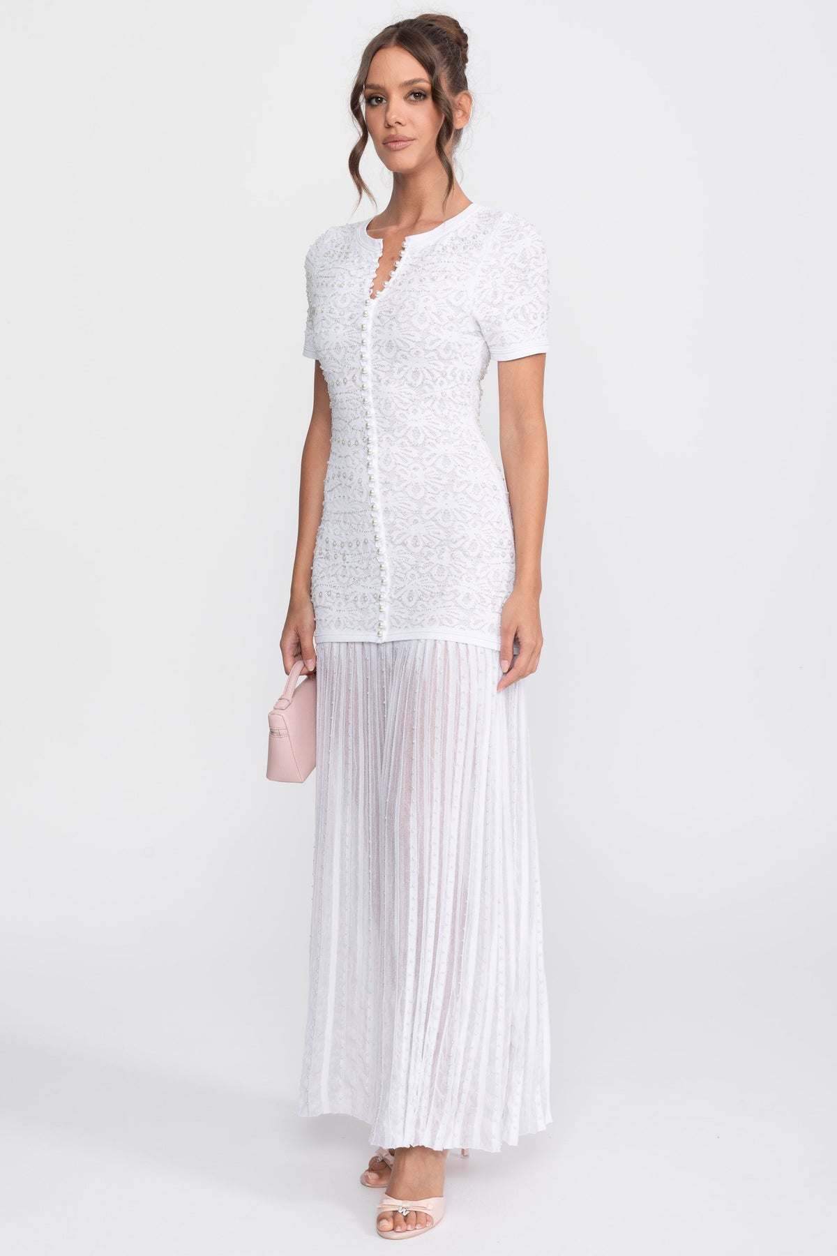 Celestine White Short Sleeve Midi Dress With Pearl Embellishments
