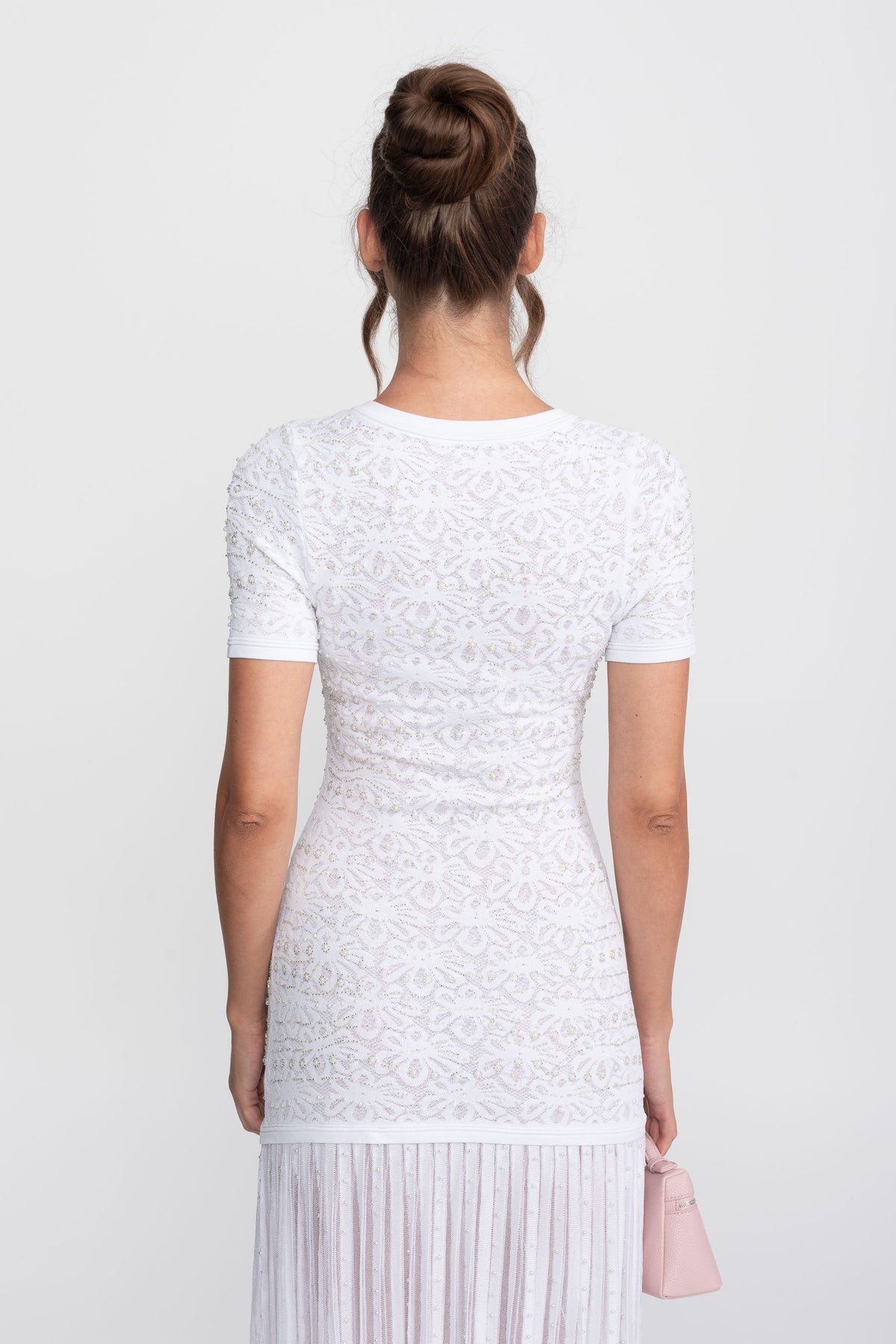 Celestine White Short Sleeve Midi Dress With Pearl Embellishments