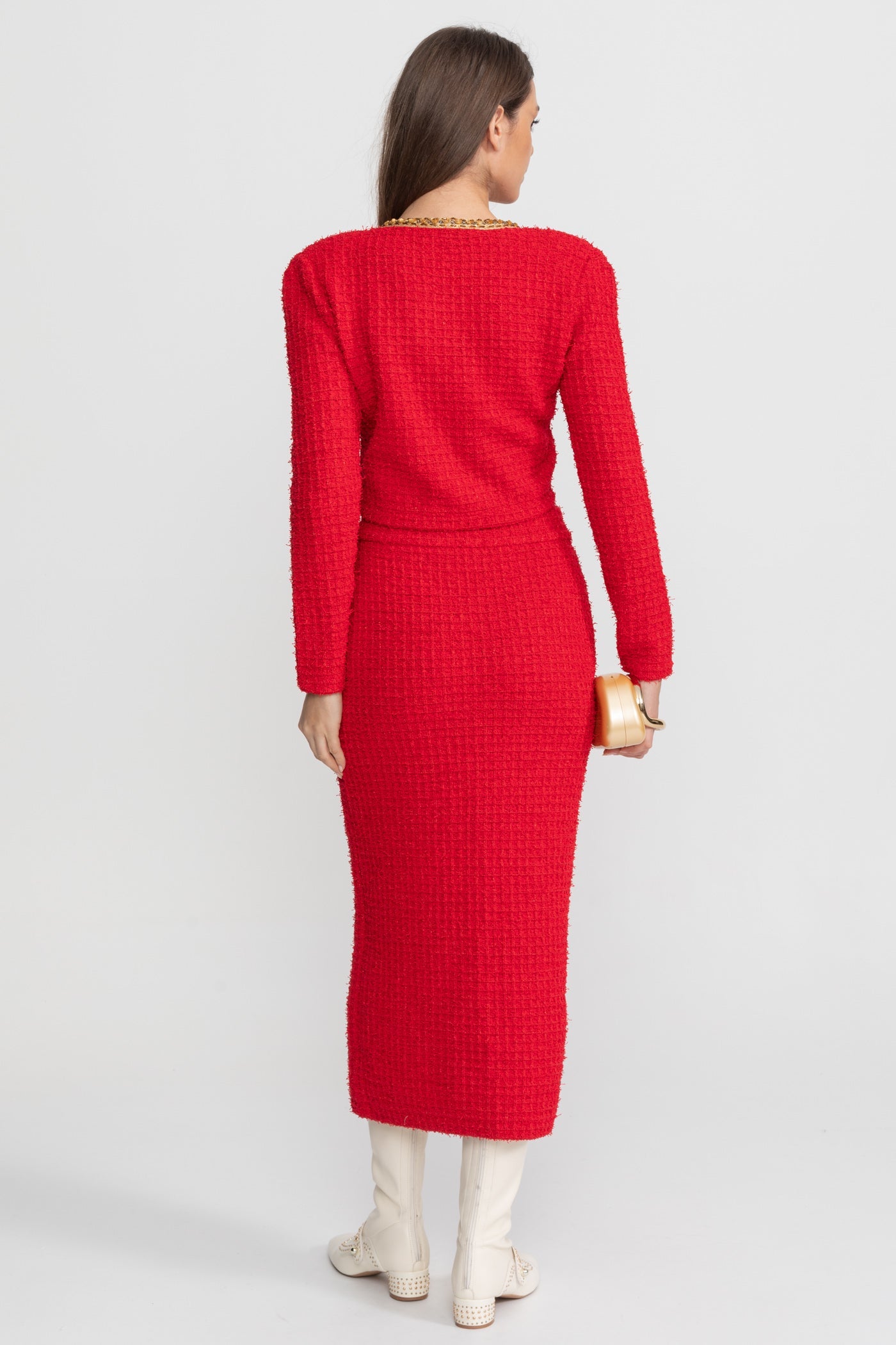 Textured Tweed Co-Ord Set with Gold Trim and Crystal Buttons – Red