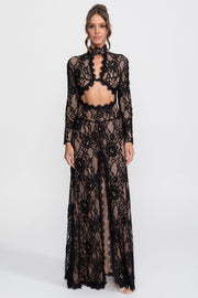 Elegant Lace Gown With High Neck, Front Cutout And Slit - Black