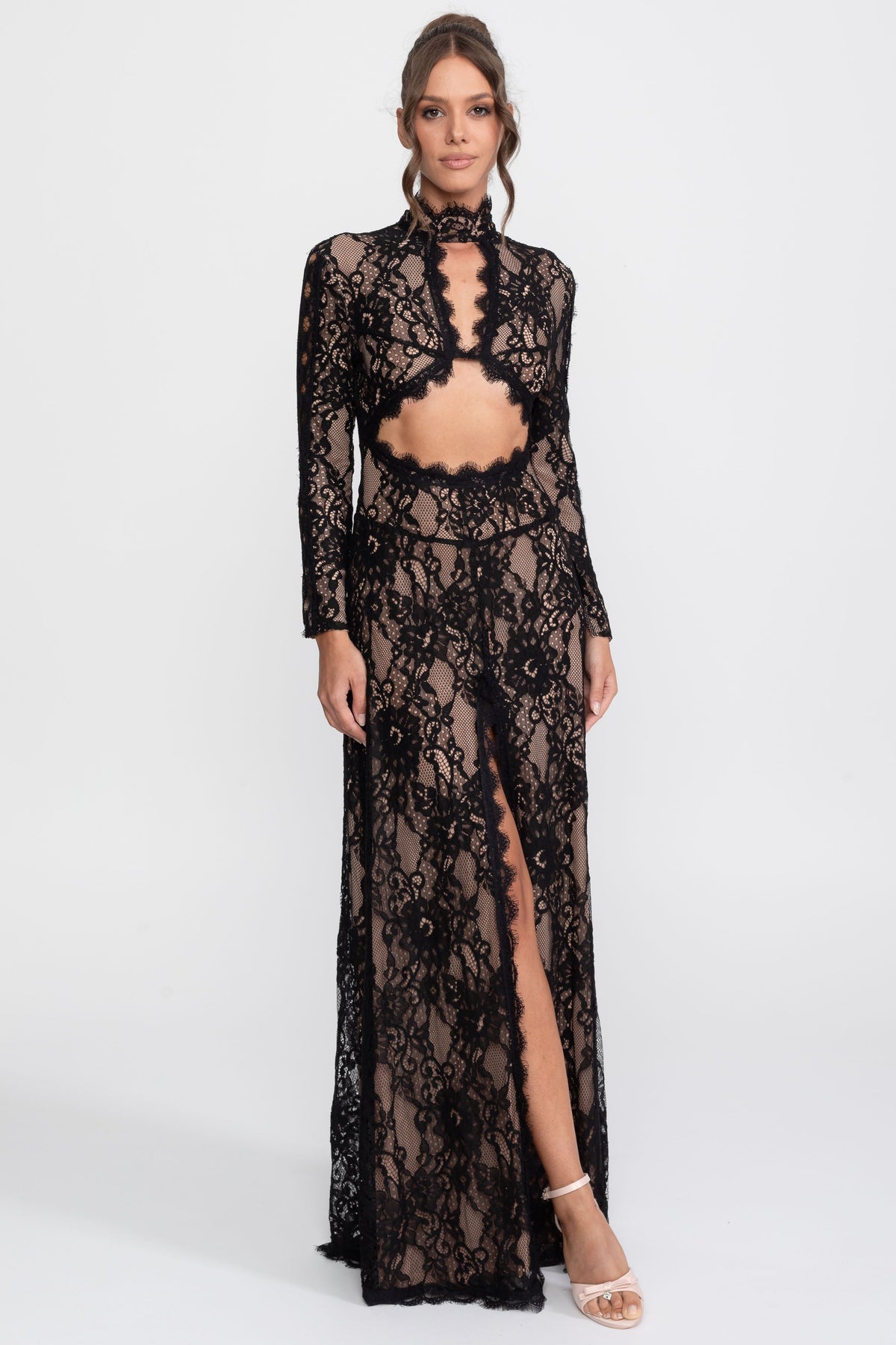 Elegant Lace Gown With High Neck, Front Cutout And Slit - Black