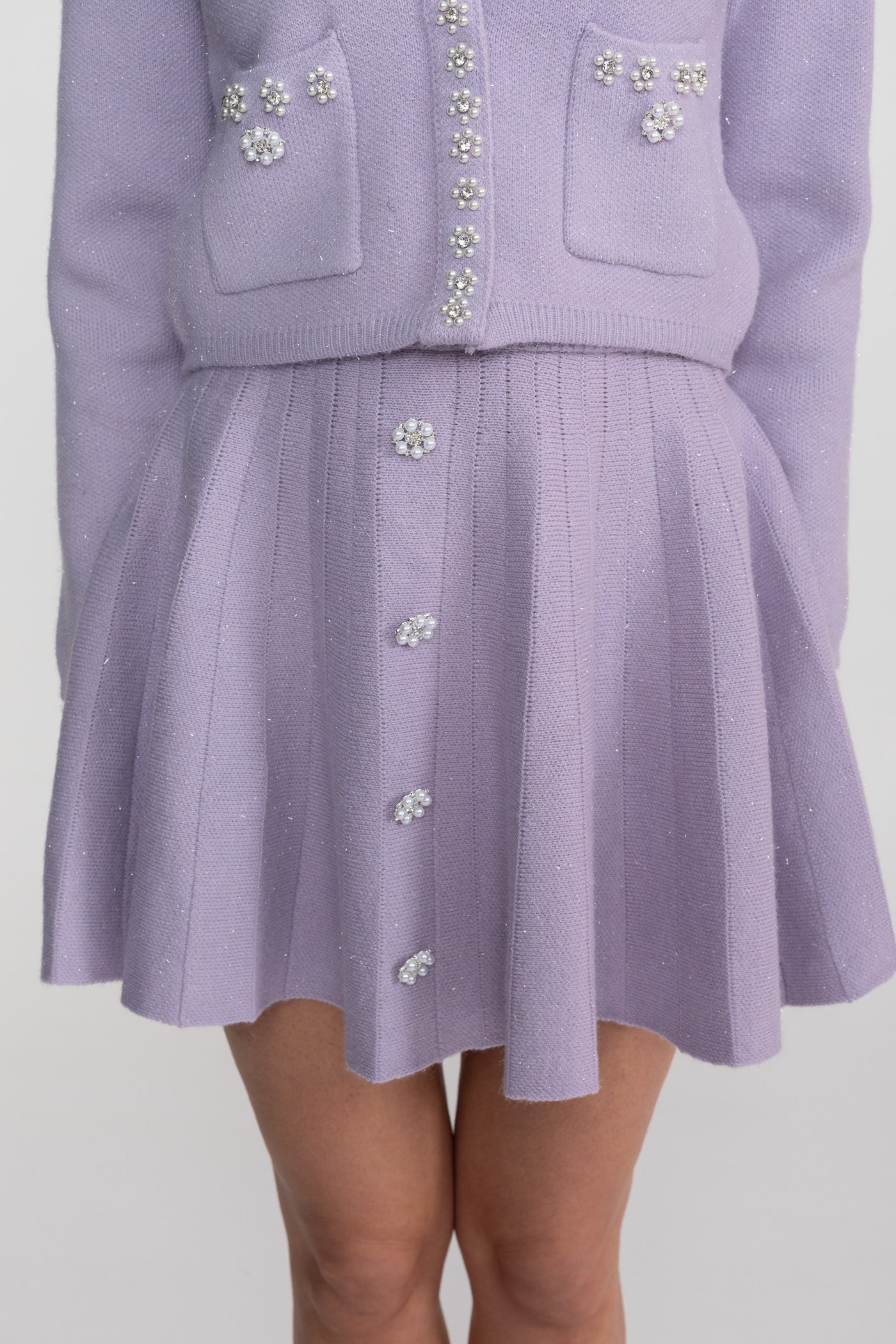 Knit Co-Ord Set With Long Sleeve Cardigan And Matching Mini Skirt - Lilac