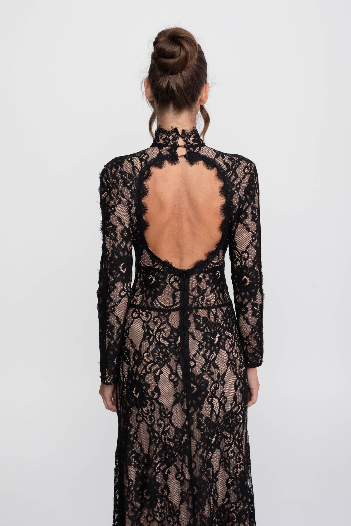 Elegant Lace Gown With High Neck, Front Cutout And Slit - Black