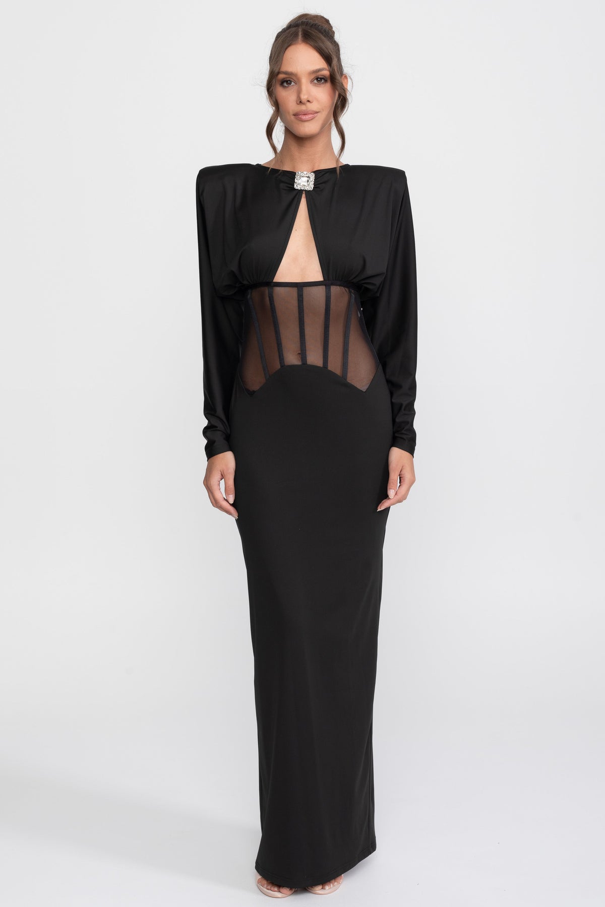 Cutout Sheer Panel Gown With Long Sleeves - Black