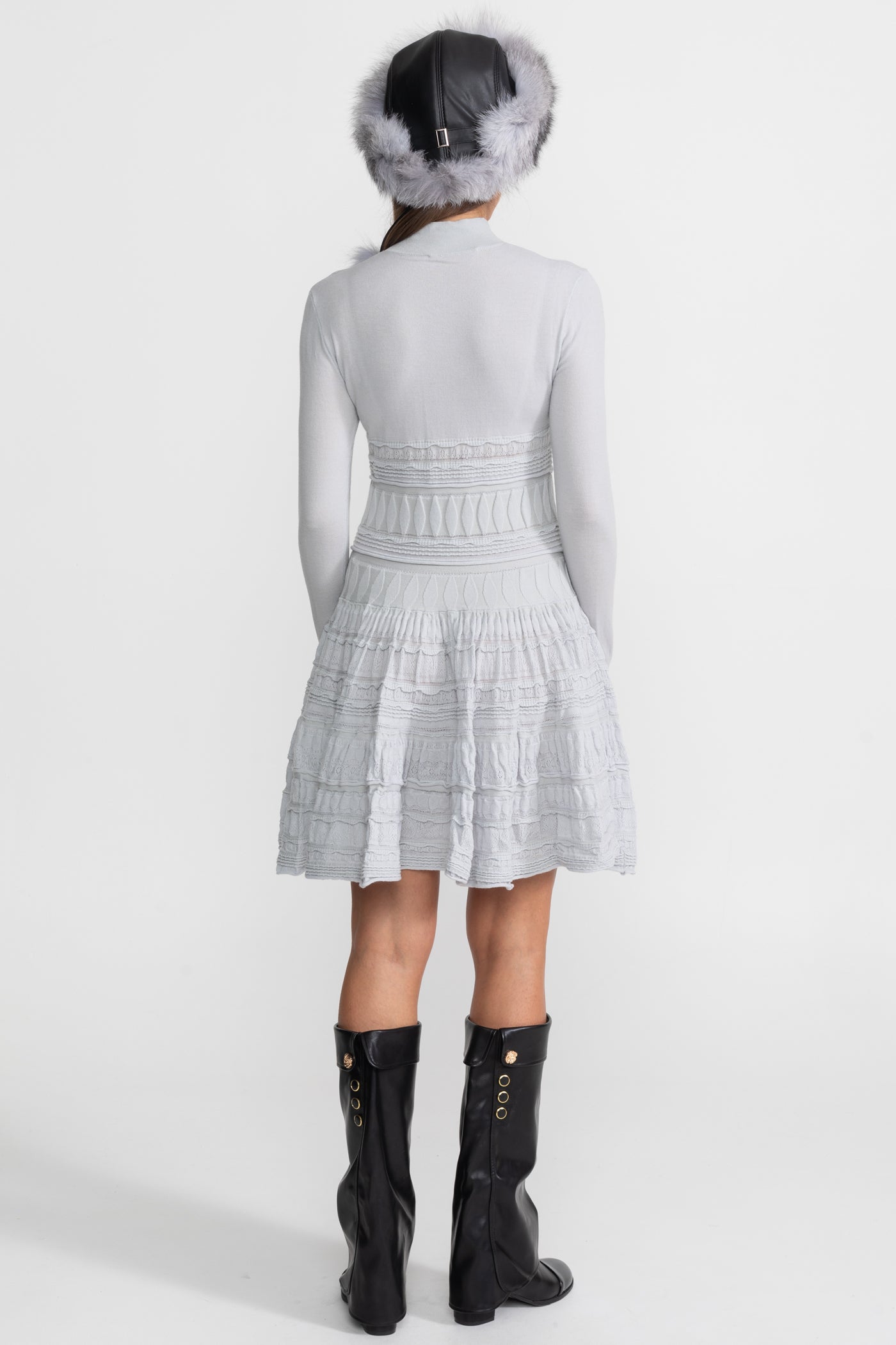 Textured Knit Mini Dress with Flared Skirt - Light Gray