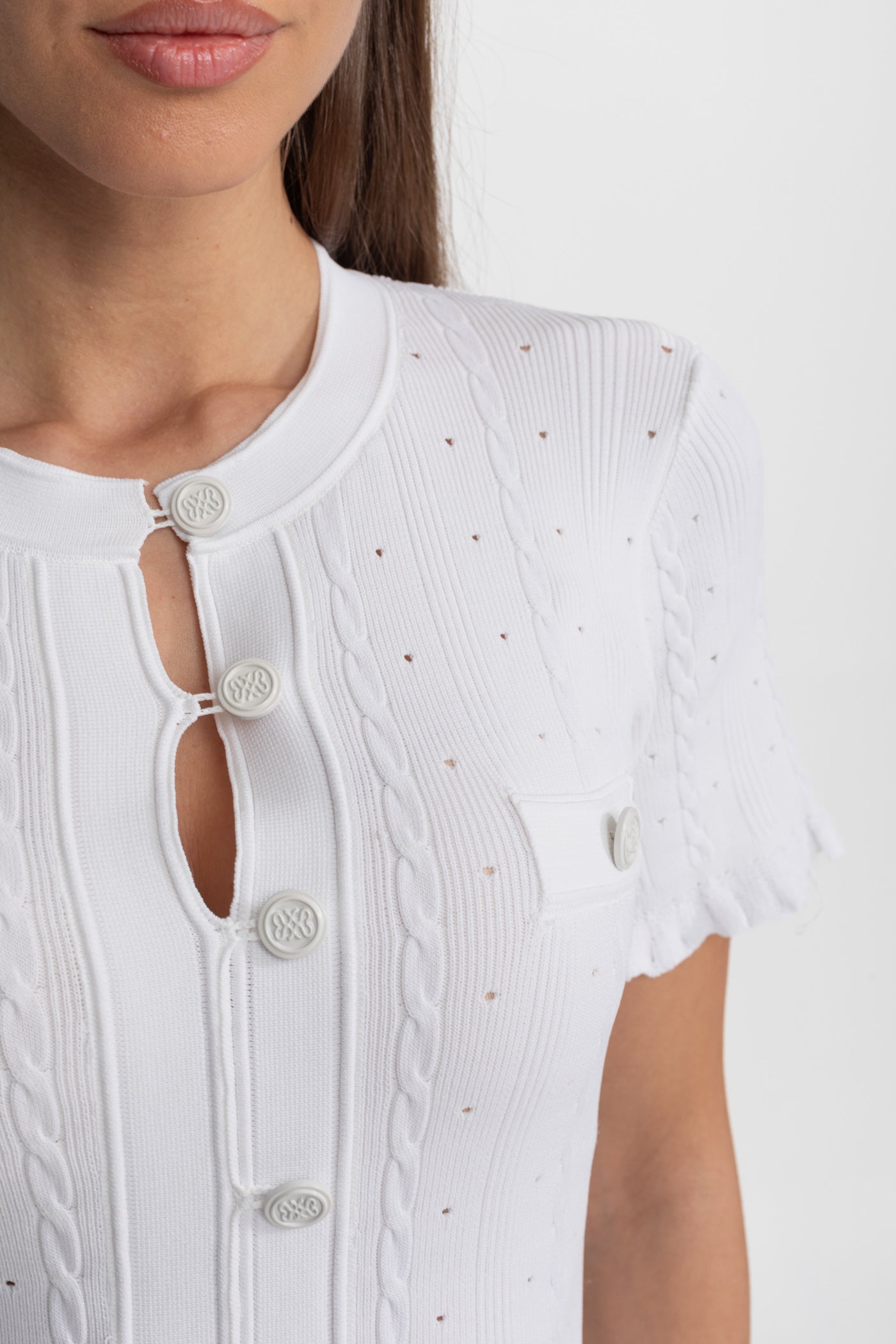 Knit Button-Front Midi Dress with Scalloped Sleeves – White