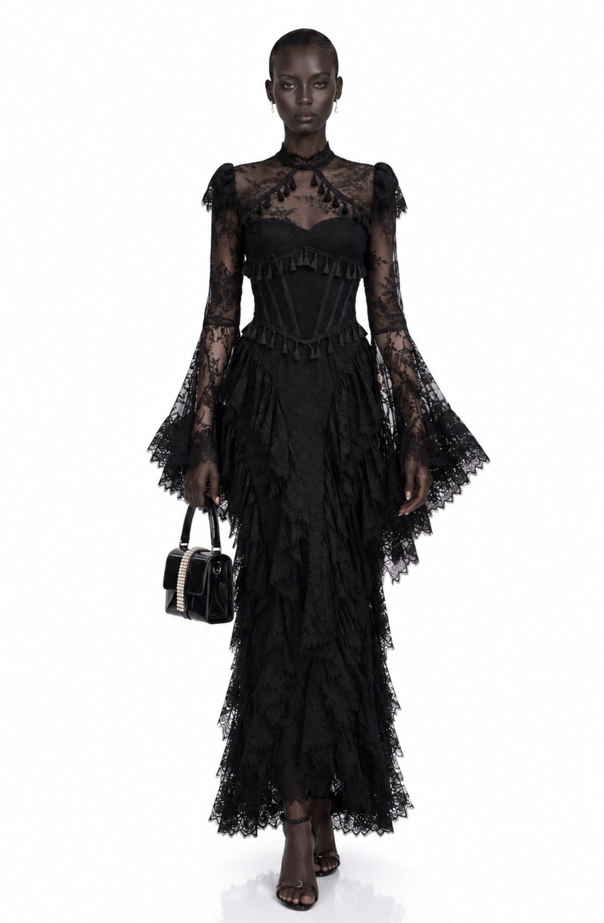 Séverine Tassel Trim Lace Corset Bell Sleeve Maxi Dress - Black, front