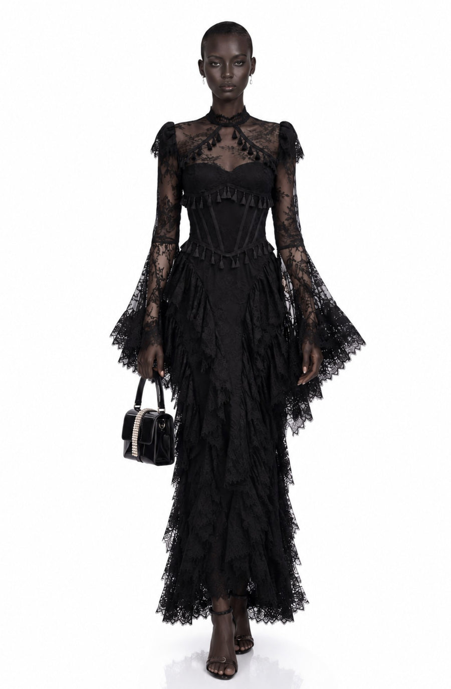 Séverine Tassel Trim Lace Corset Bell Sleeve Maxi Dress - Black, front