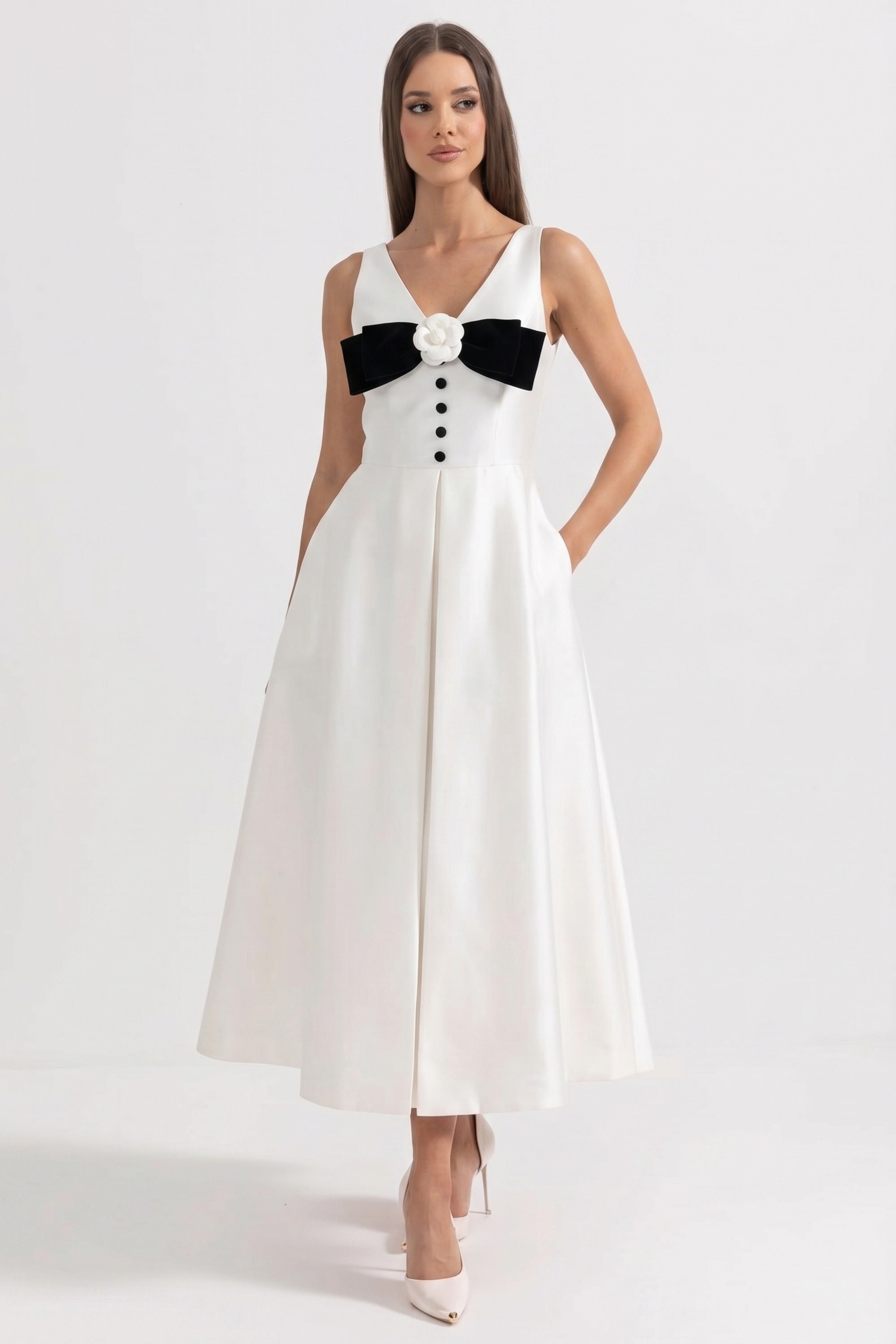 Halter Neck Maxi Dress With Black Bow Bustline And Button Front - White