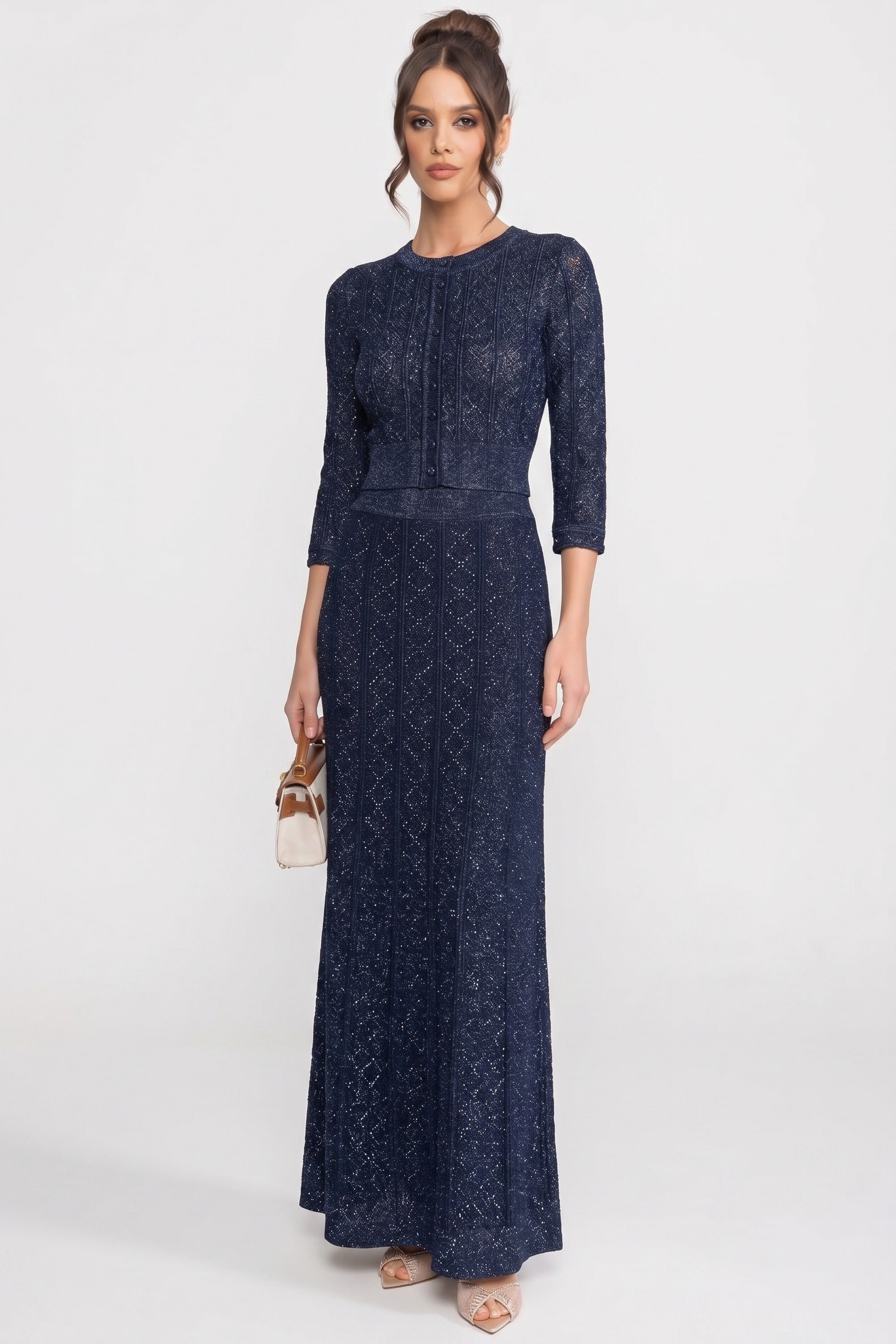 Long-Sleeve Diamond-Pattern Lace Co-Ord Set With Maxi Skirt - Navy