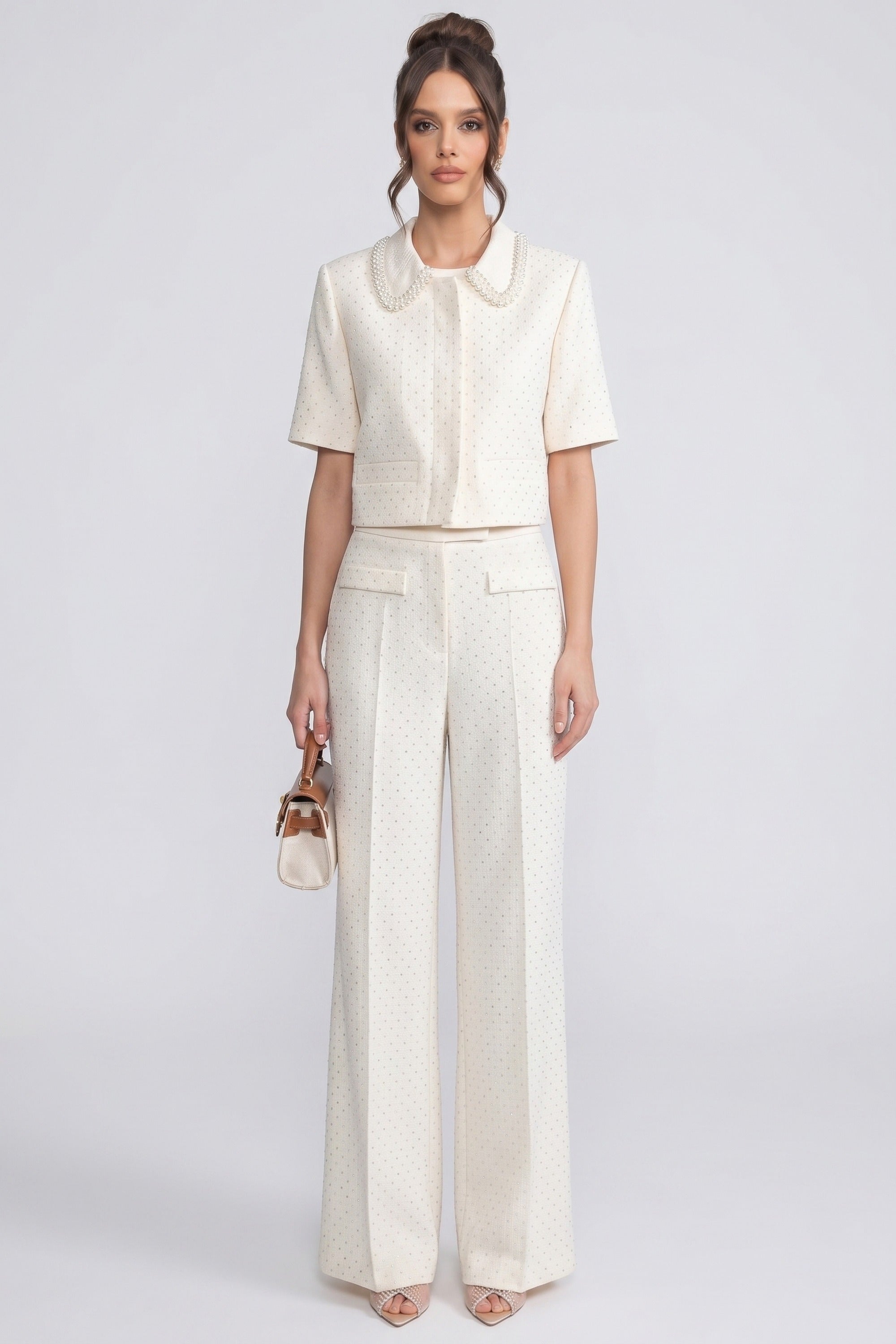 Short-Sleeve Embellished Tweed Cropped Jacket With Crystal Collar - Ivoire