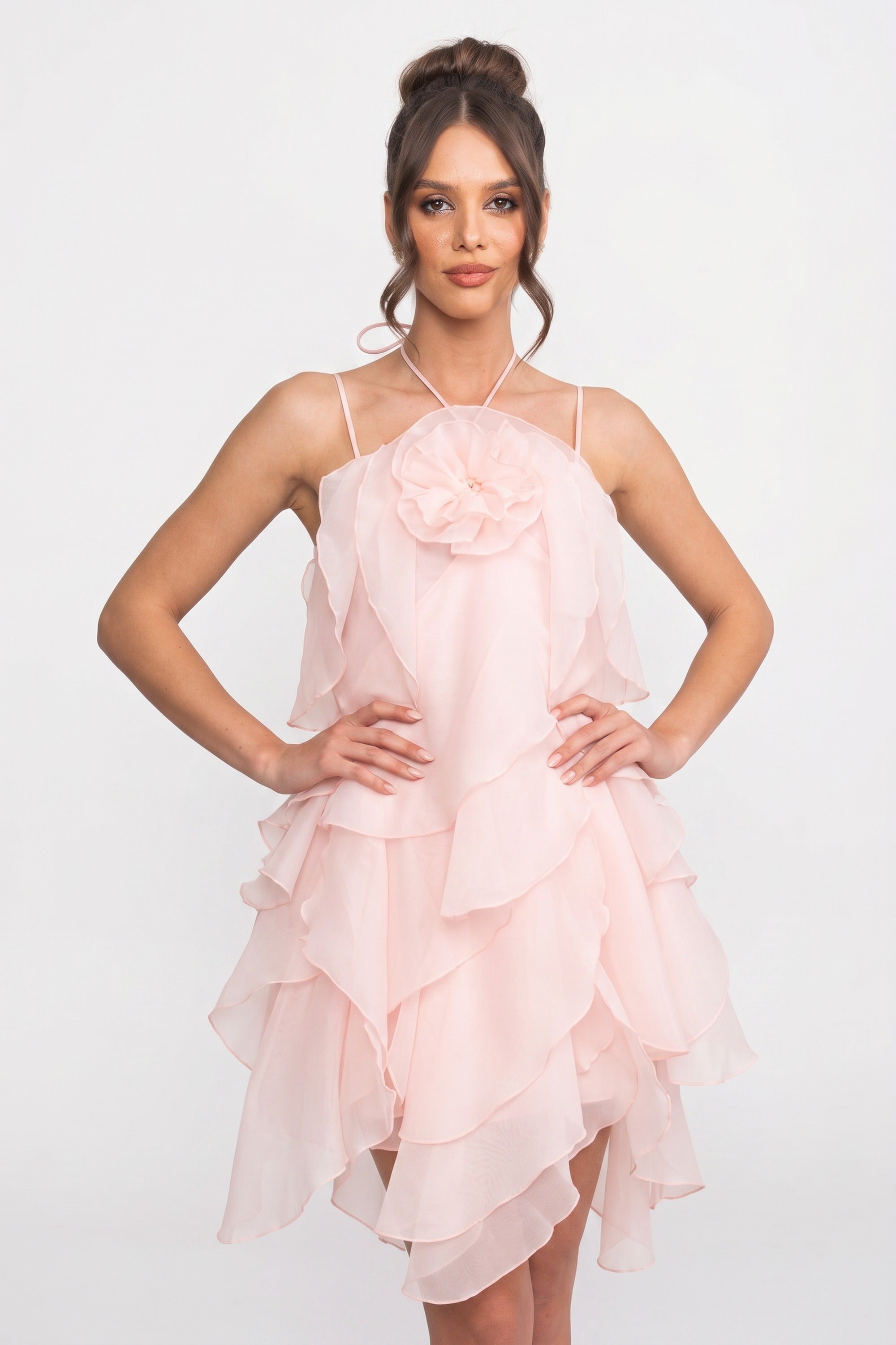 Tiered Ruffle Mini Dress With 3D Floral Halter Neck - Pink