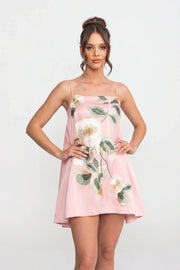 Spaghetti-Strap Mini Dress With 3D Floral Appliqué And A-Line Skirt - Pink