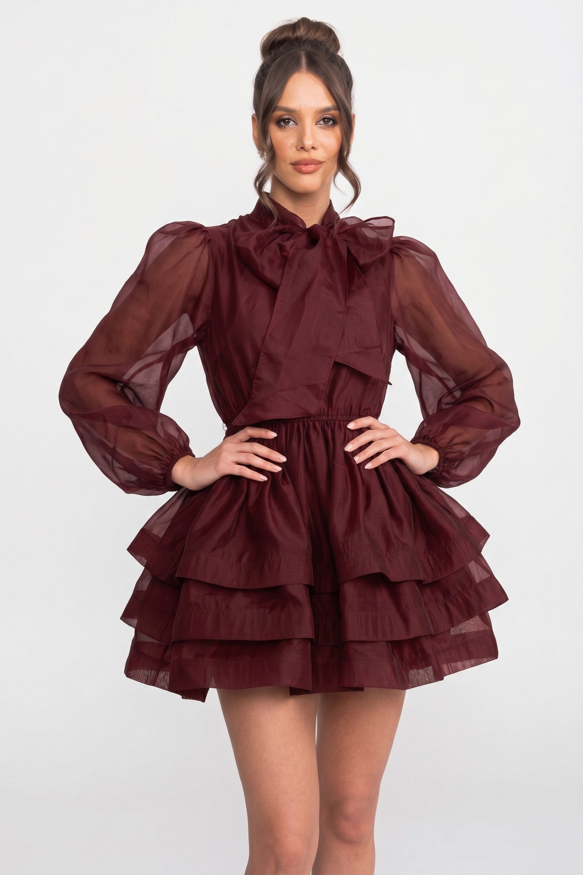 High-Neck Puff-Sleeve Mini Dress With Tiered Ruffle Skirt And Bow - Wine