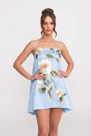 Spaghetti-Strap Mini Dress With 3D Floral Appliqué And A-Line Skirt - Blue