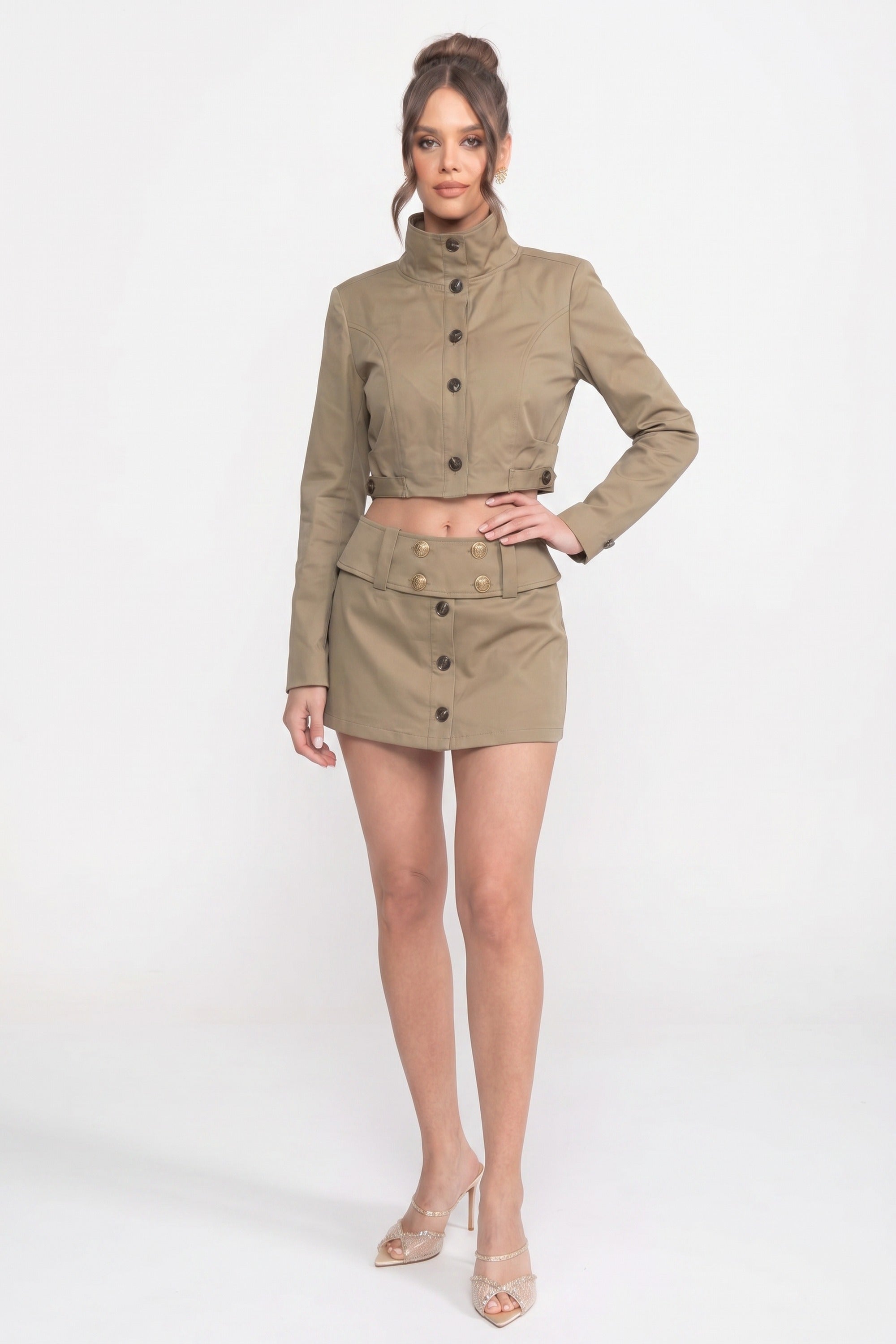 Double-Breasted Cropped Jacket And Mini Skirt Co-Ord Set - Khaki
