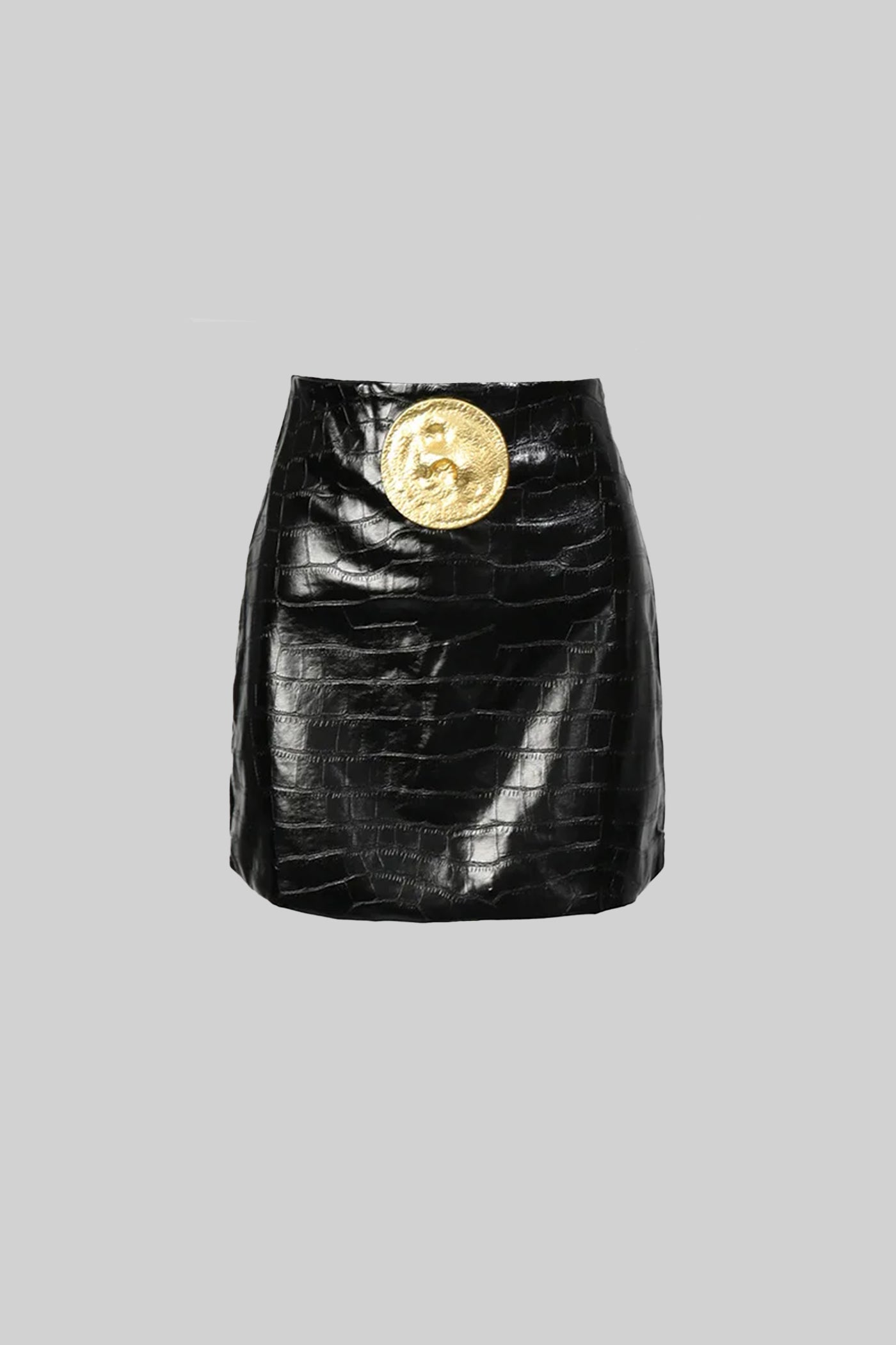 Croc-Effect Mini Skirt With Statement Gold Button  - Black
