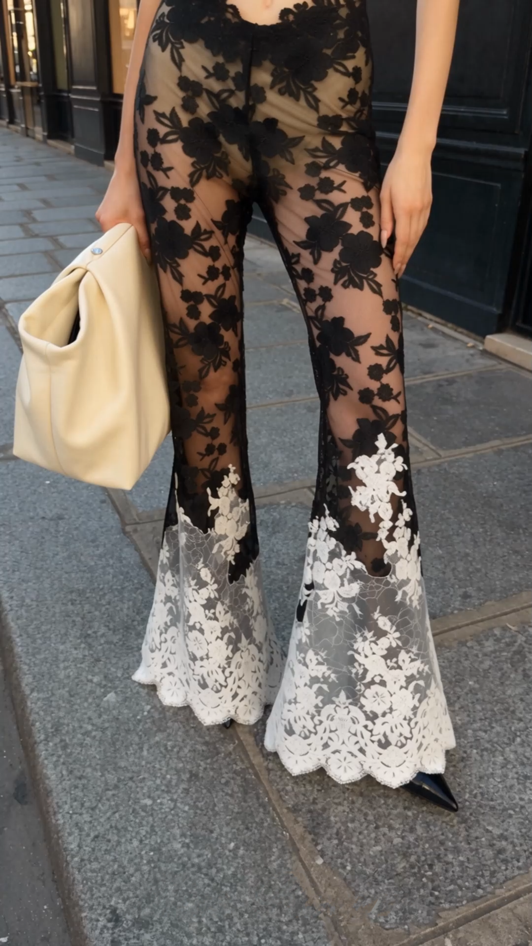 solina black lace crop top flared trousers set
