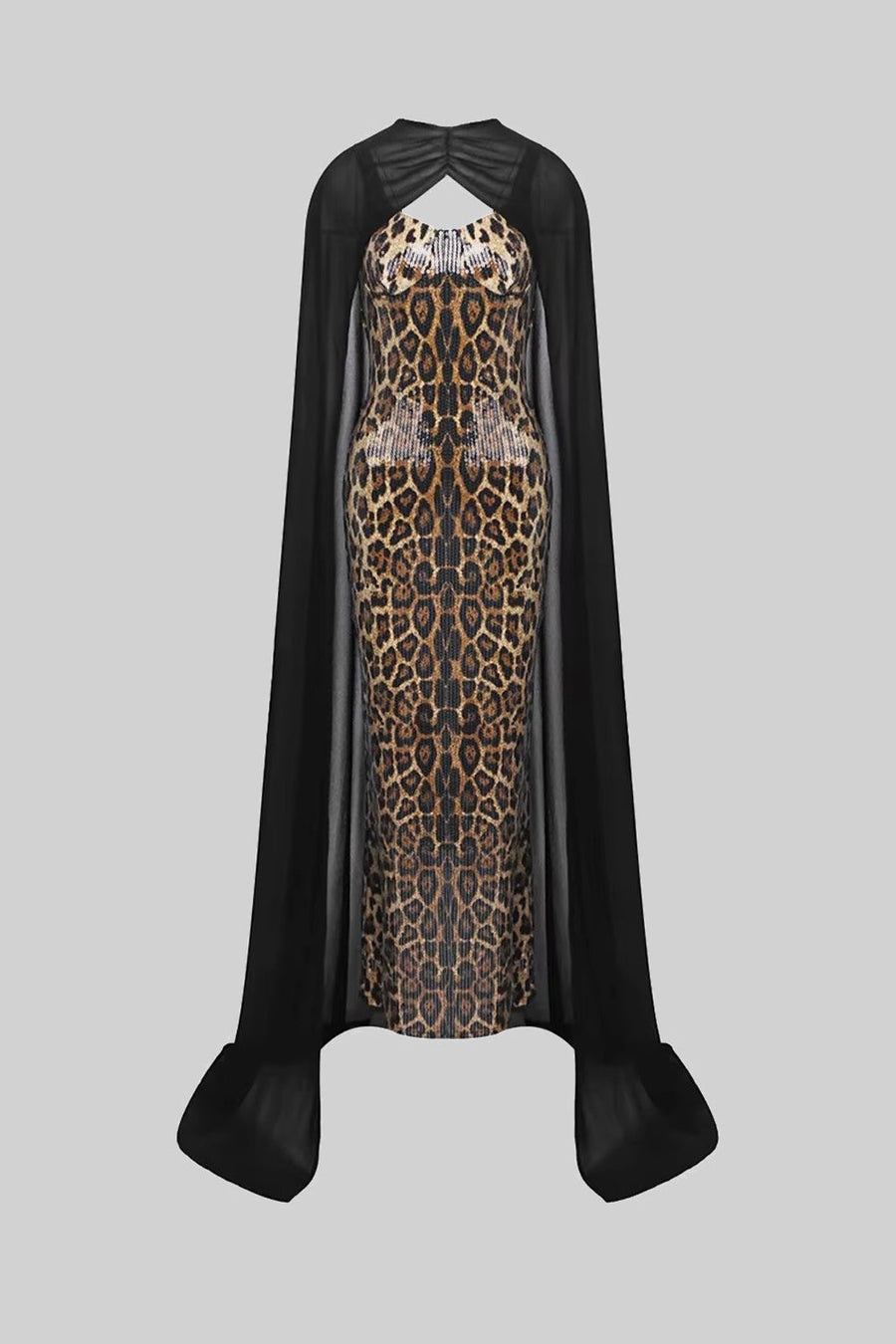 Sequin Maxi Dress with Sheer Cape Overlay – Leopard & Black