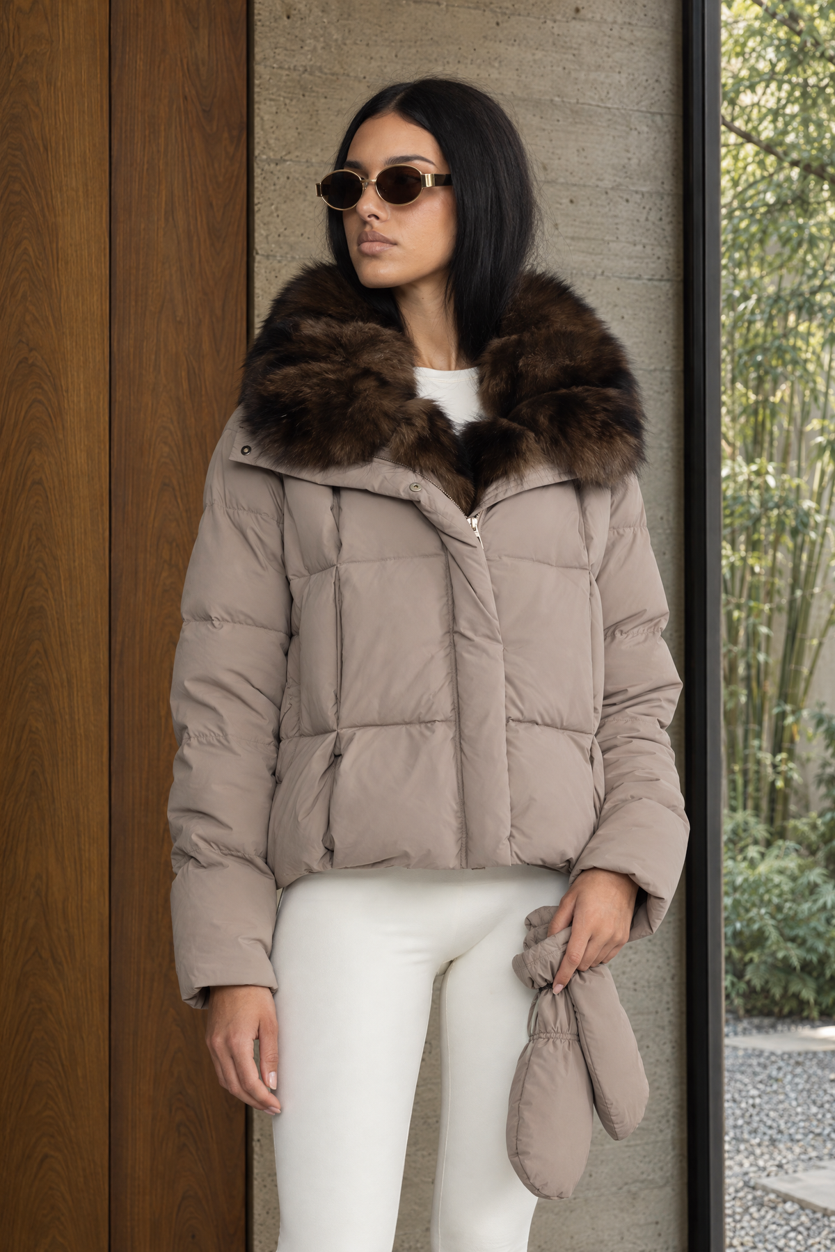 Aliénor Taupe Fox Fur Collar Cropped Down Puffer Jacket