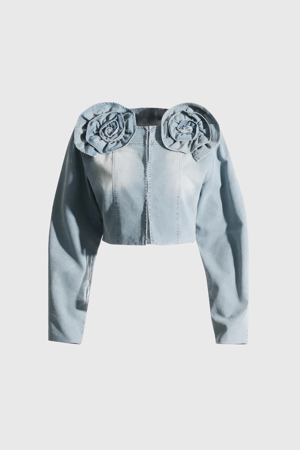 Cropped Denim Jacket with Flowers - Blue