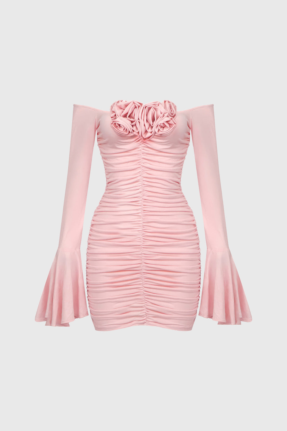 Ruched Dress with Flowers Attached - Pink