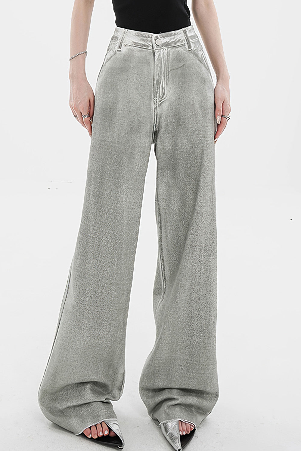 High Waisted Washed Jeans - Grey