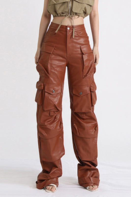 Leather Cargo Trousers - Brown