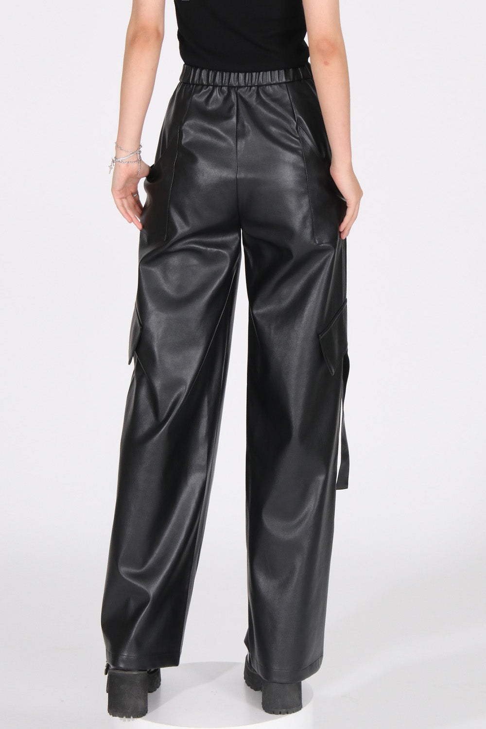 Wide Leather Trousers - Black