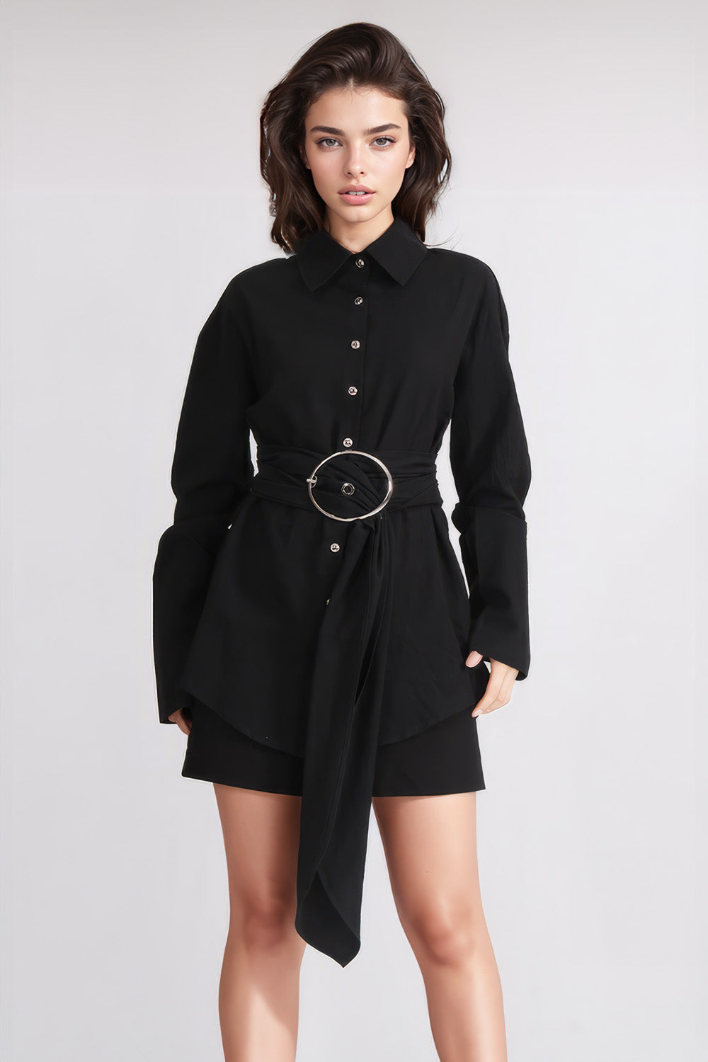 Shirt Dress with Belt - Black