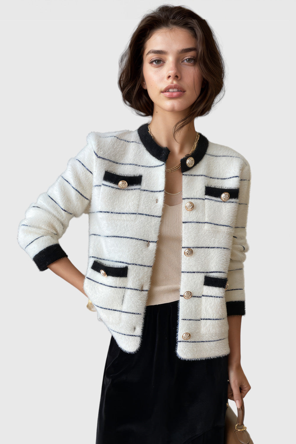 Textured Striped Cardigan - White