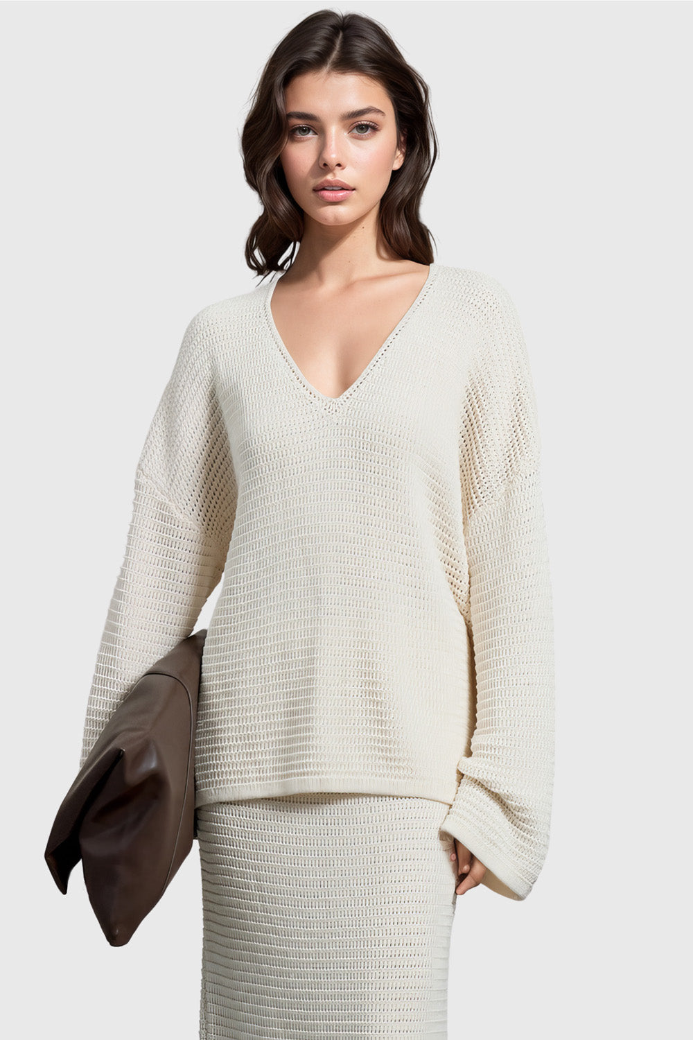 Knitted V Neckline Sweater - White