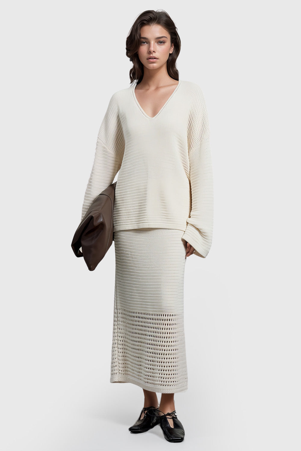 Open Knit Midi Skirt - White