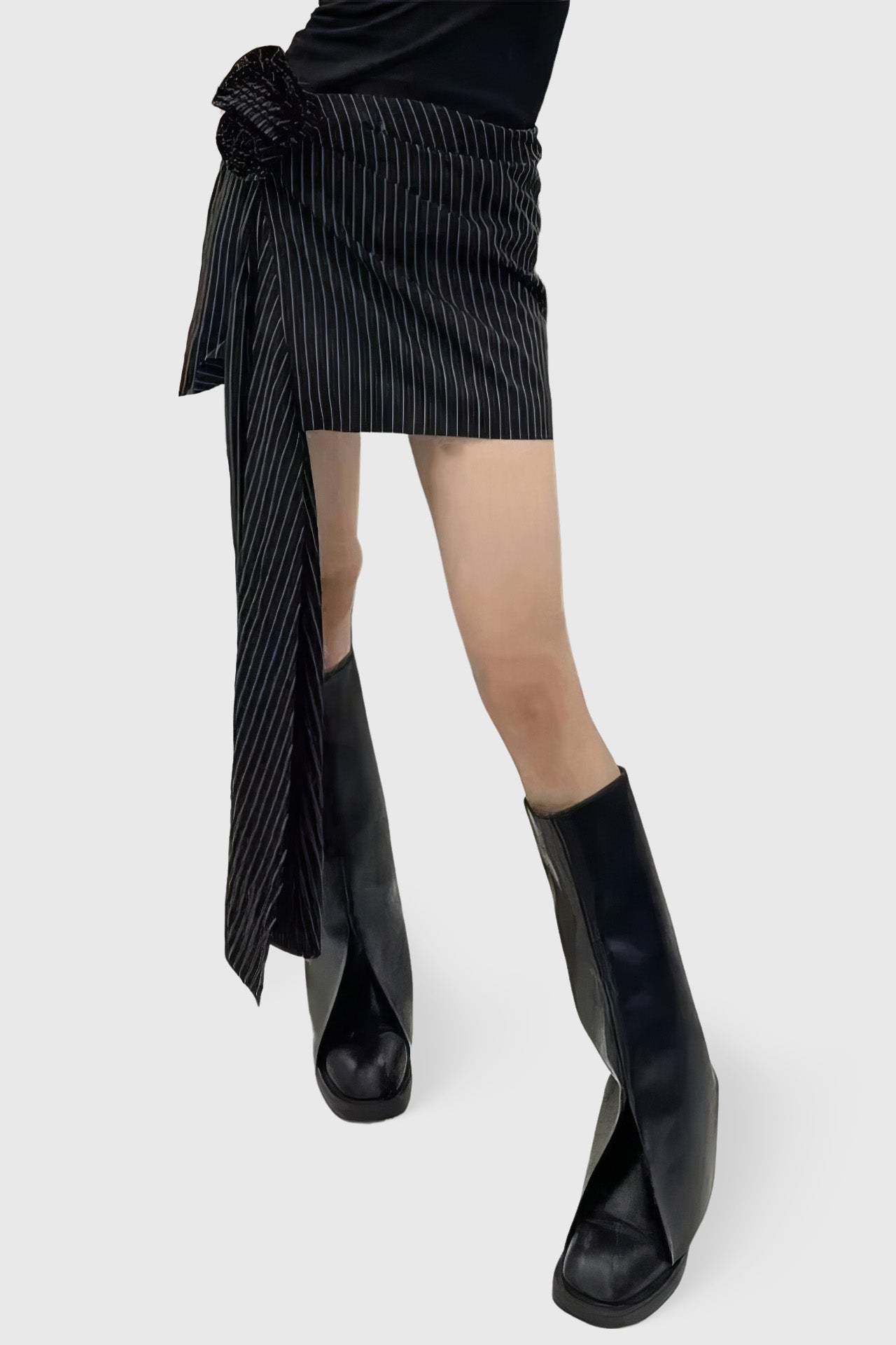 Striped Mini Skirt with Detail at Front - Black