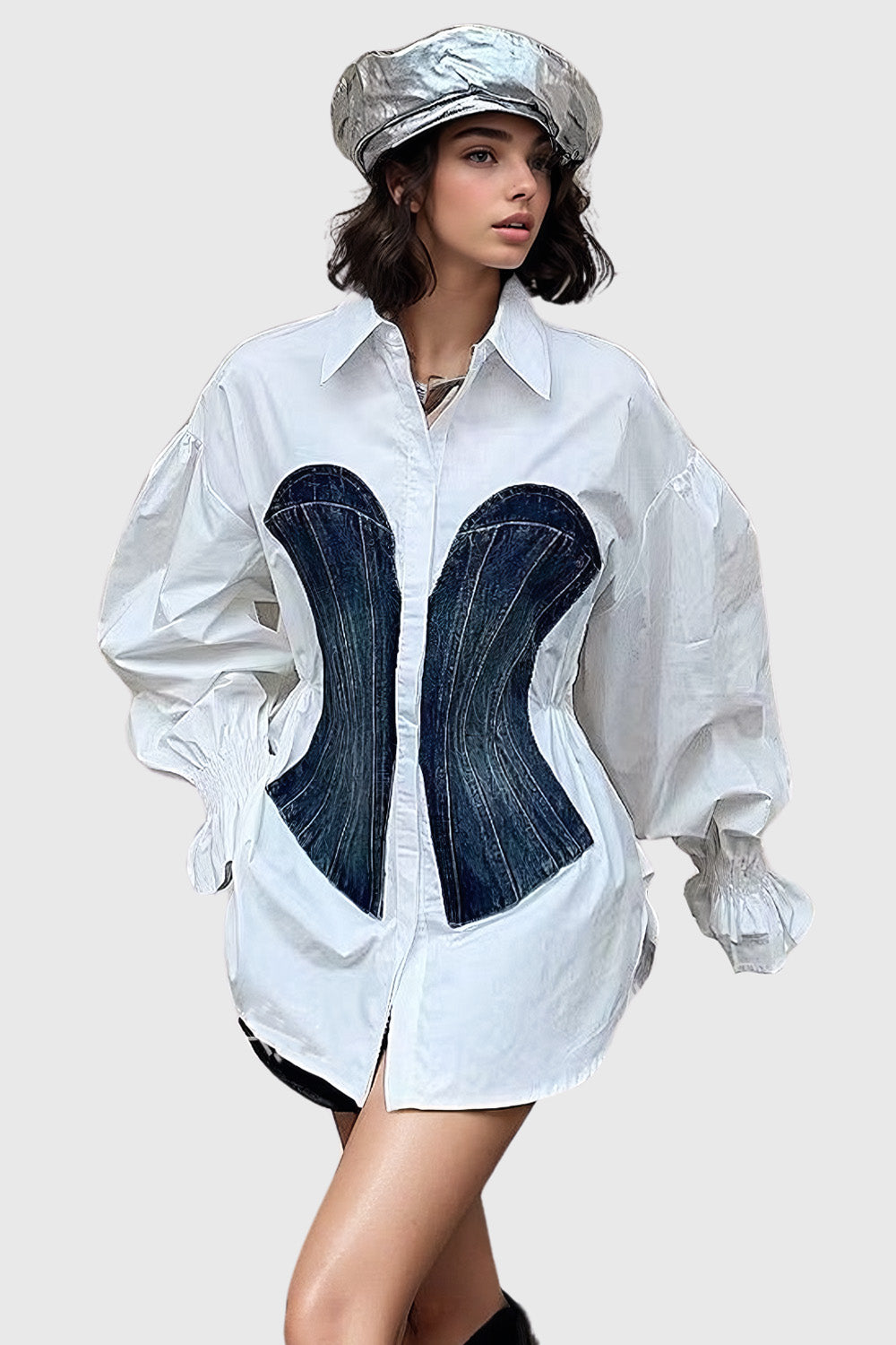 Tailored Shirt with Denim Detail - White