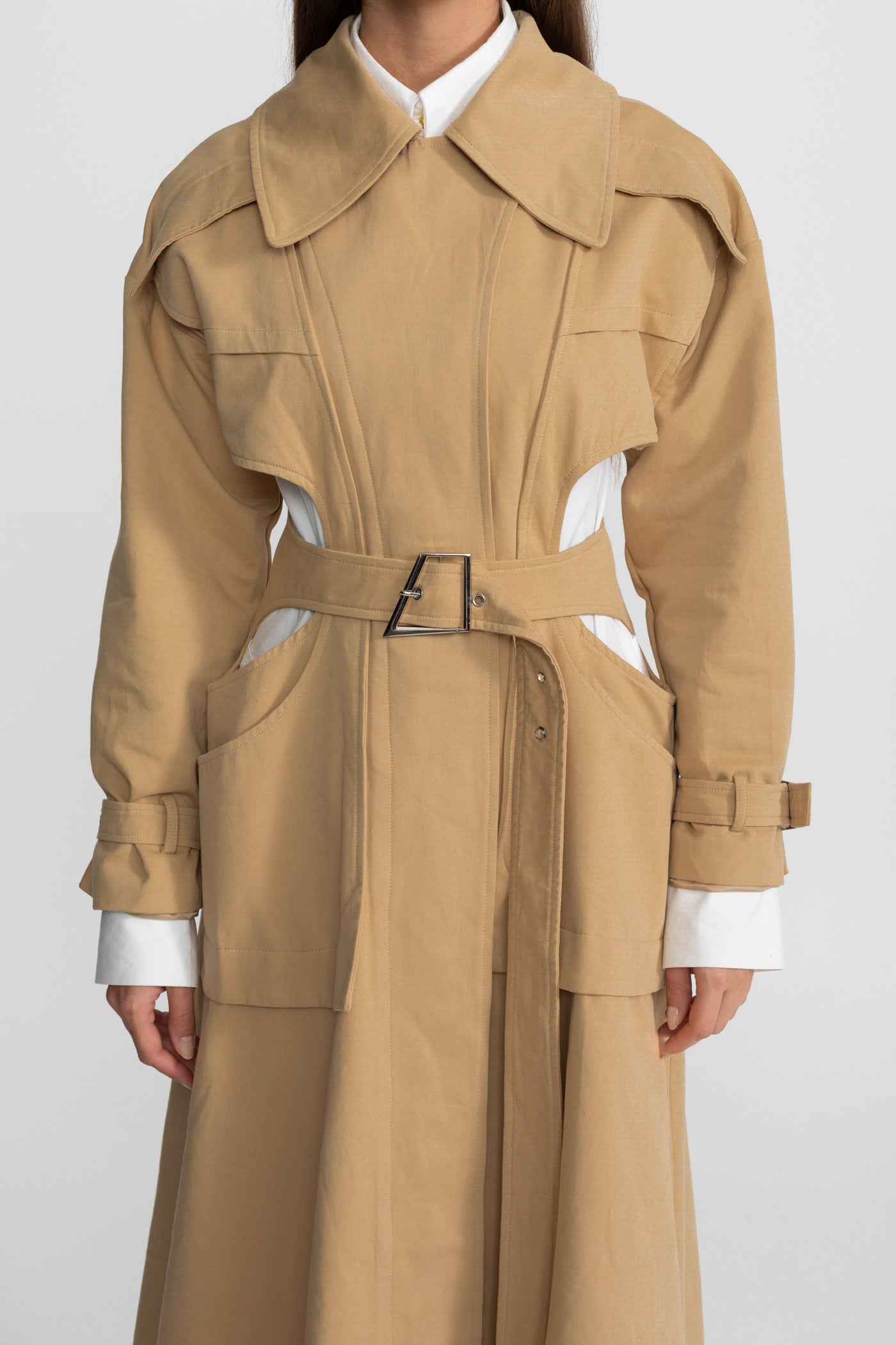 Cutout Trench Coat with Belted Waist and Utility Pockets - Beige