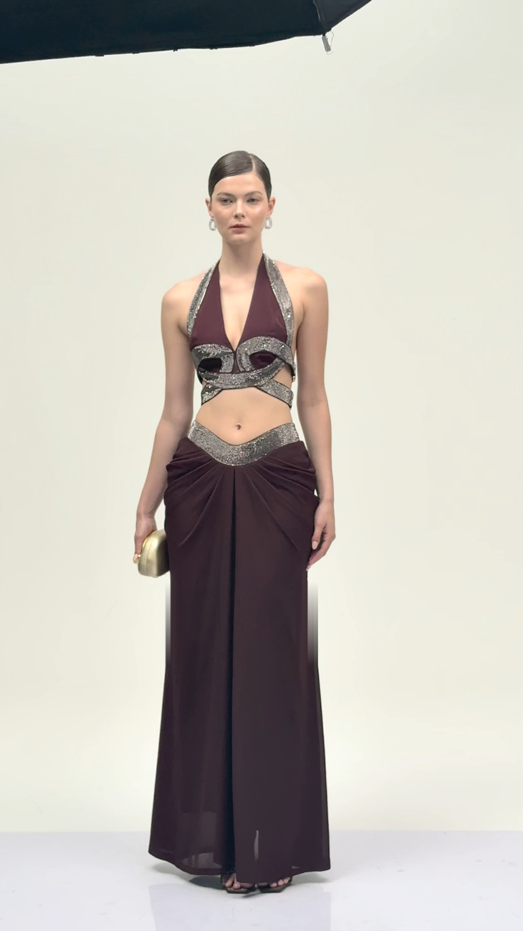 unni brown halterneck rhinestone top & ruched skirt set