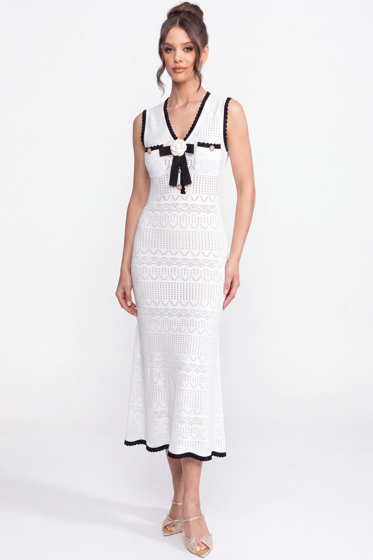 Anouk White Crochet Knit Midi Dress With Black Trim And Bow