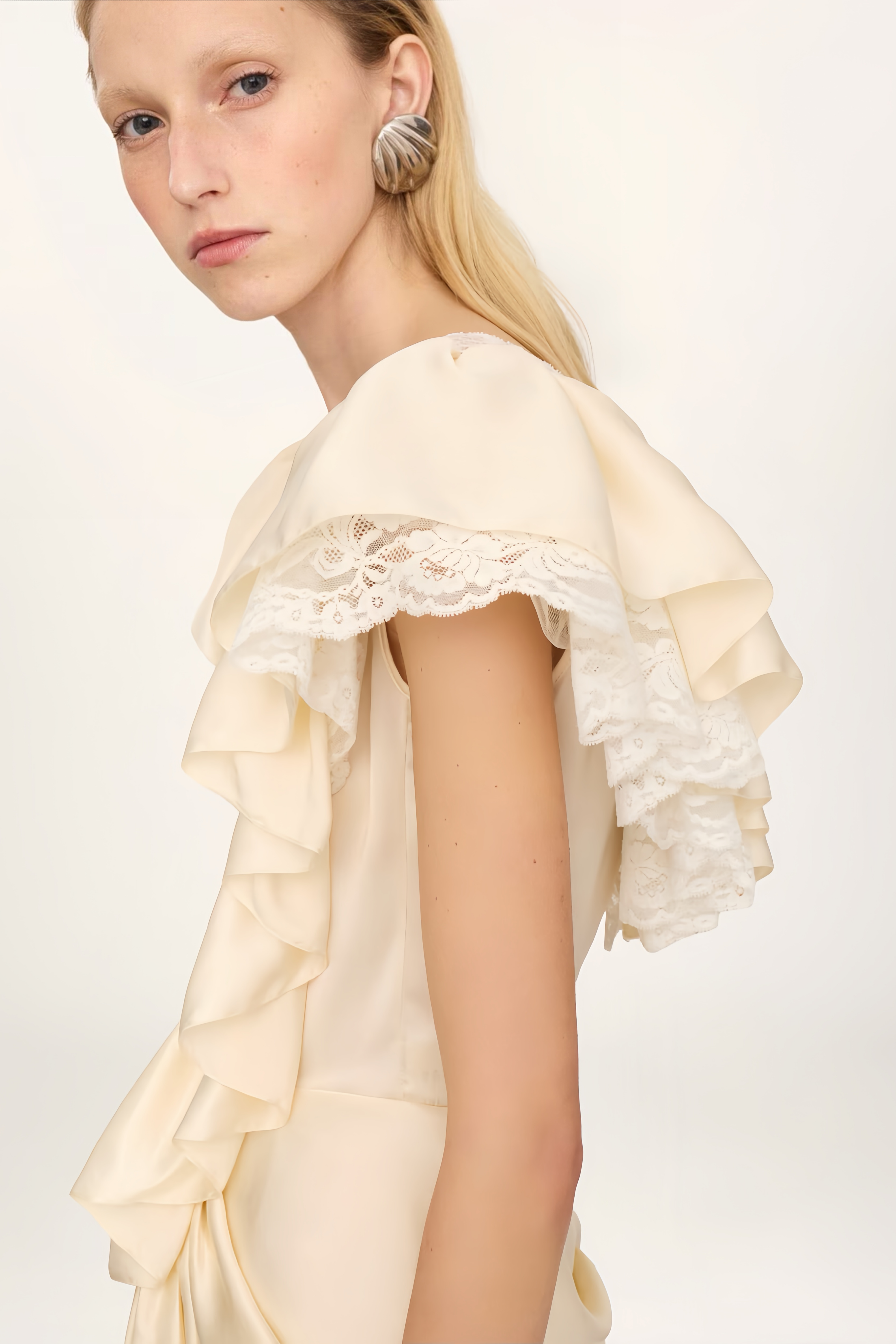 Nani Cream Plunge Neck Satin Jumpsuit with Lace Panels
