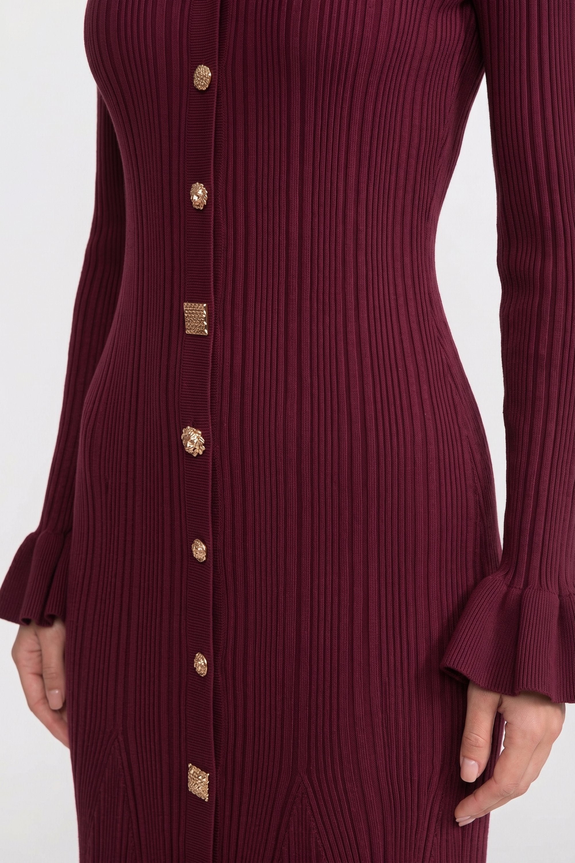 V-Neck Button-Front Ribbed Knit Maxi Dress With Ruffle Cuffs - Burgundy