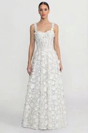 Floral Appliqué Maxi Dress With Corset Bodice - White
