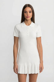 Short Sleeve Polo Mini Dress With Pleated Ruffle Hem - White