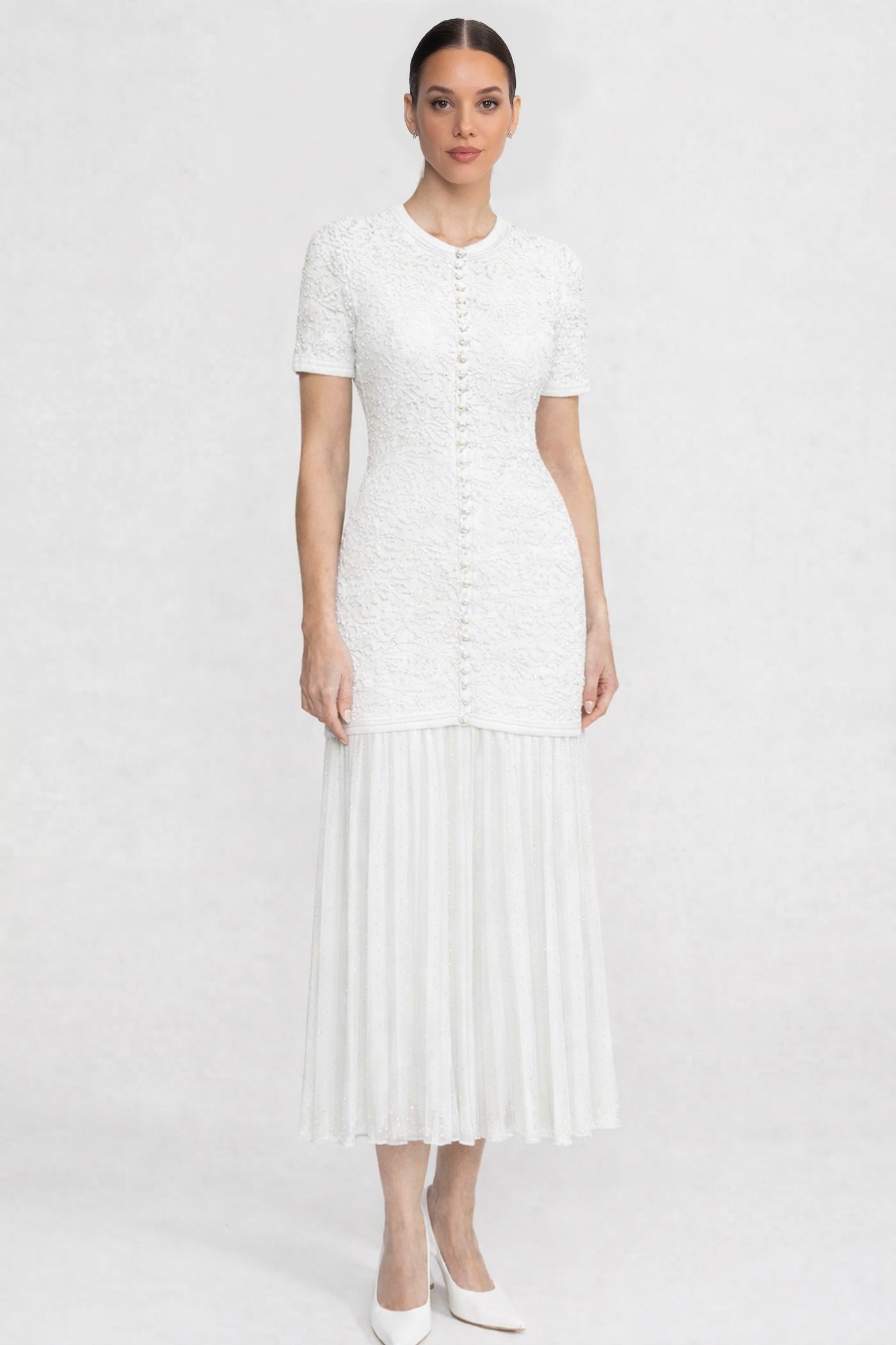 Short Sleeve Midi Dress With Pearl Embellishments