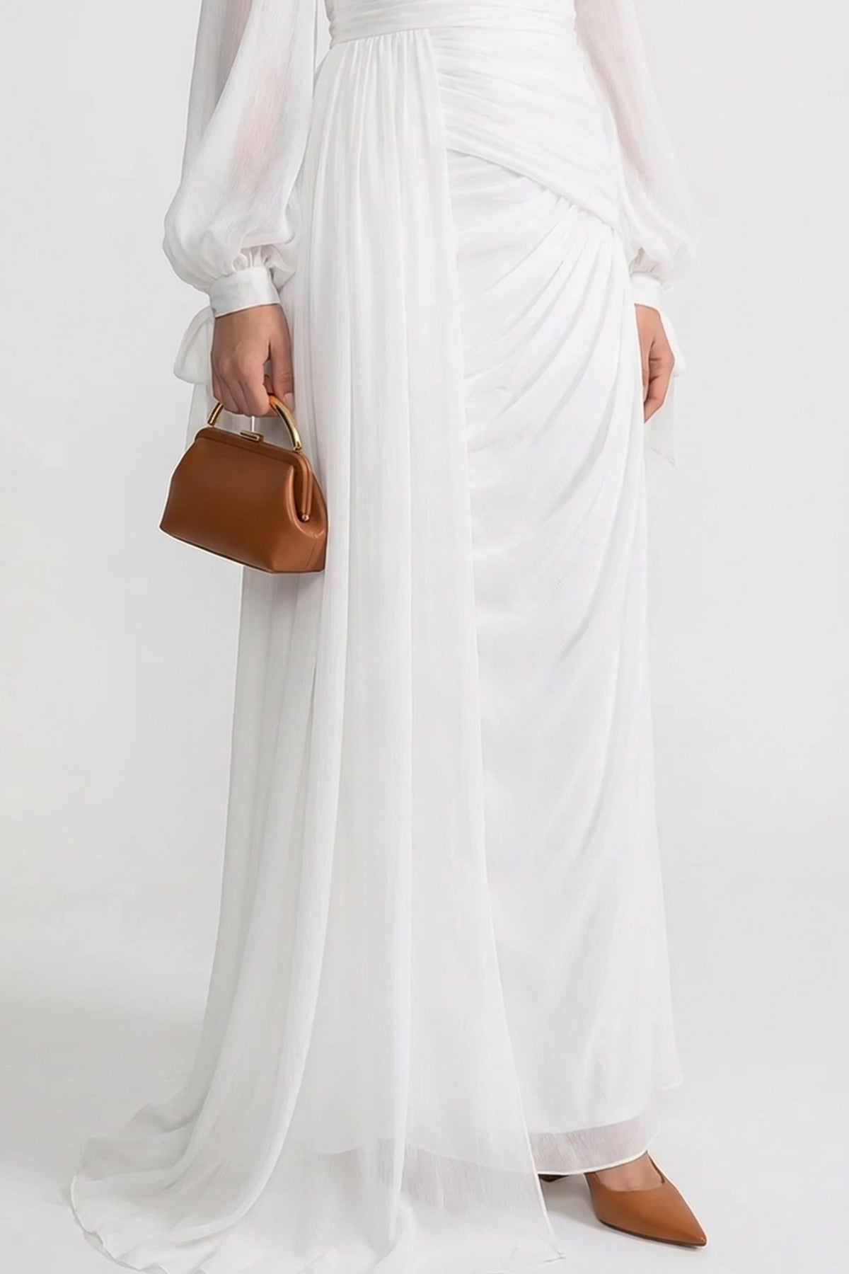 Draped Long-Sleeve Maxi Dress with Gathered Waist – White