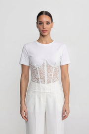 Short Sleeve Top With Lace Corset Overlay - White