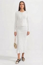 Knit Co-Ord Set With Pointelle Stripe Texture And Sparkling Embellishments - White