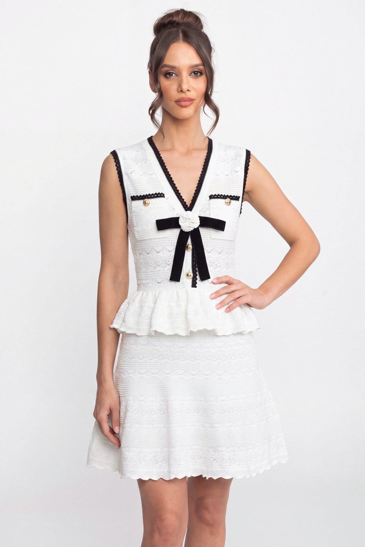 Lucienne White Peplum Knit Mini Dress With Contrast Trim And Bow