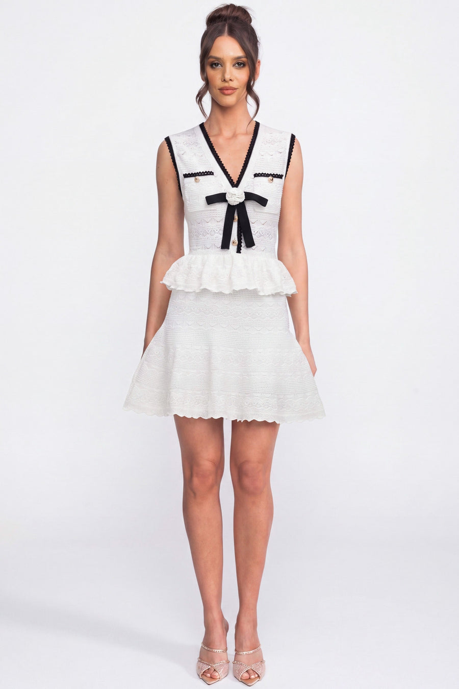 Lucienne White Peplum Knit Mini Dress With Contrast Trim And Bow