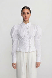 Long Sleeve Shirt With Corset Lace-Up Detail - White